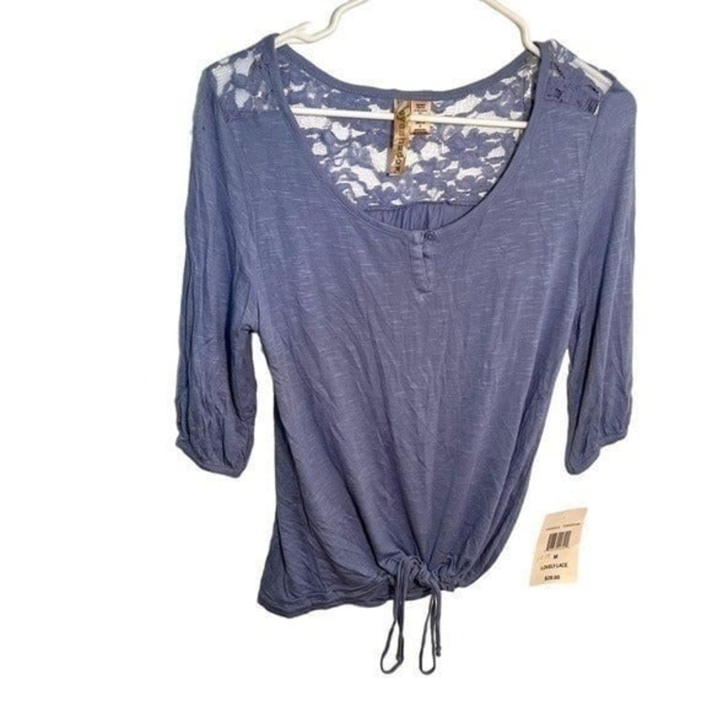 Eyeshadow Women's Size Medium Lovely Lace Blouse Torn Denim Blue Tie Front